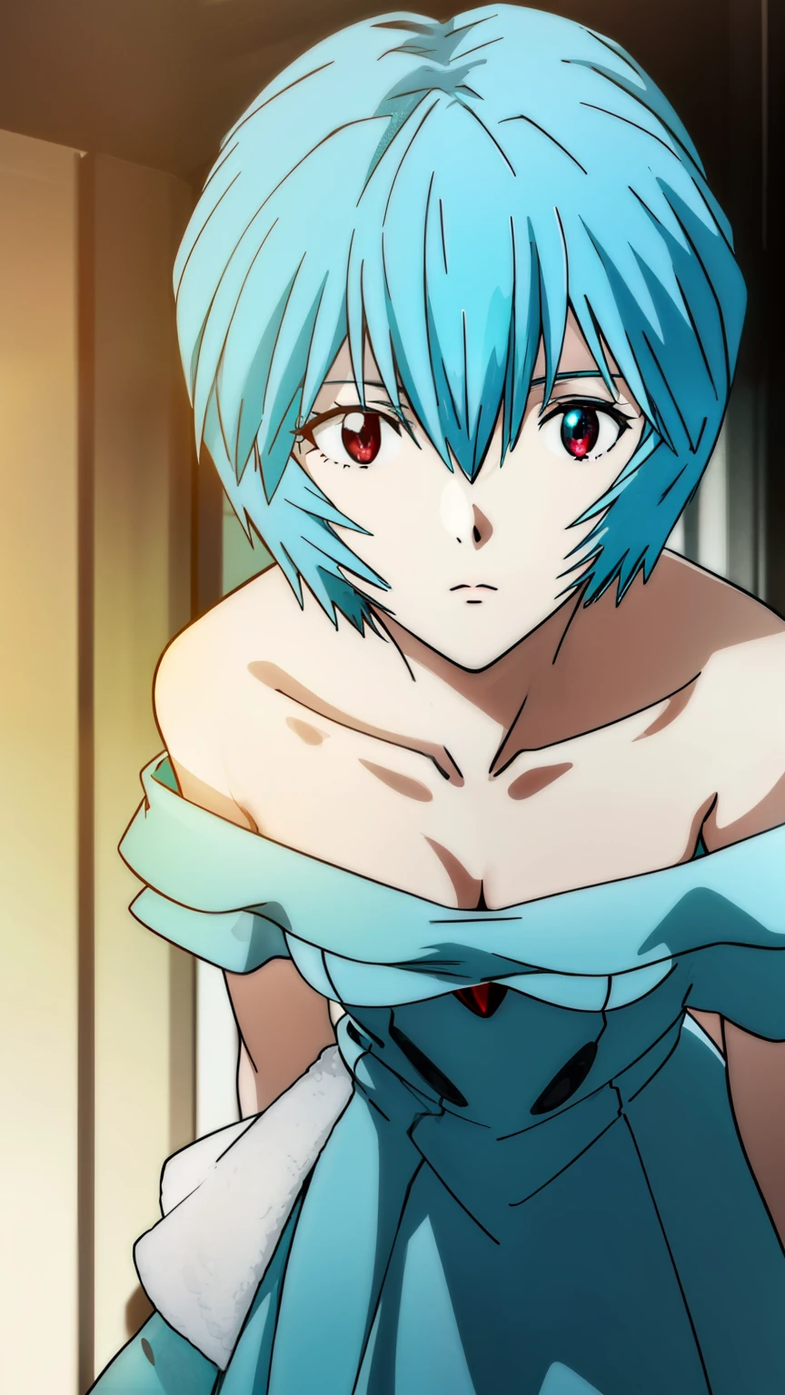 reiayanami, rei ayanami, (ayanami rei:1.2), blue hair, short hair, (red eyes:1.2),
BREAK (turbul3nt, bare shoulders, off shoulder, long dress, tulle dress, teal dress: 1.5), 
BREAK (masterpiece:1.2), best quality, high resolution, unity 8k wallpaper, (illustration:0.8), (beautiful detailed eyes:1.6), extremely detailed face, perfect lighting, extremely detailed CG, (perfect hands, perfect anatomy),cowboy Shot,