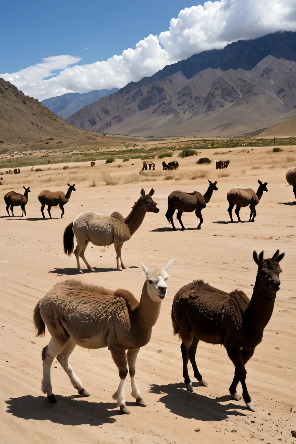 Create an image of the Jacinto donkey leading Andean animals (llamas, alpacas and sheep) through a dry, sandy landscape. It shows Jacinto with an expression of determination and leadership as the other animals follow him, carrying empty containers on their backs. The sky is clear and the ground seems cracked due to the lack of water.