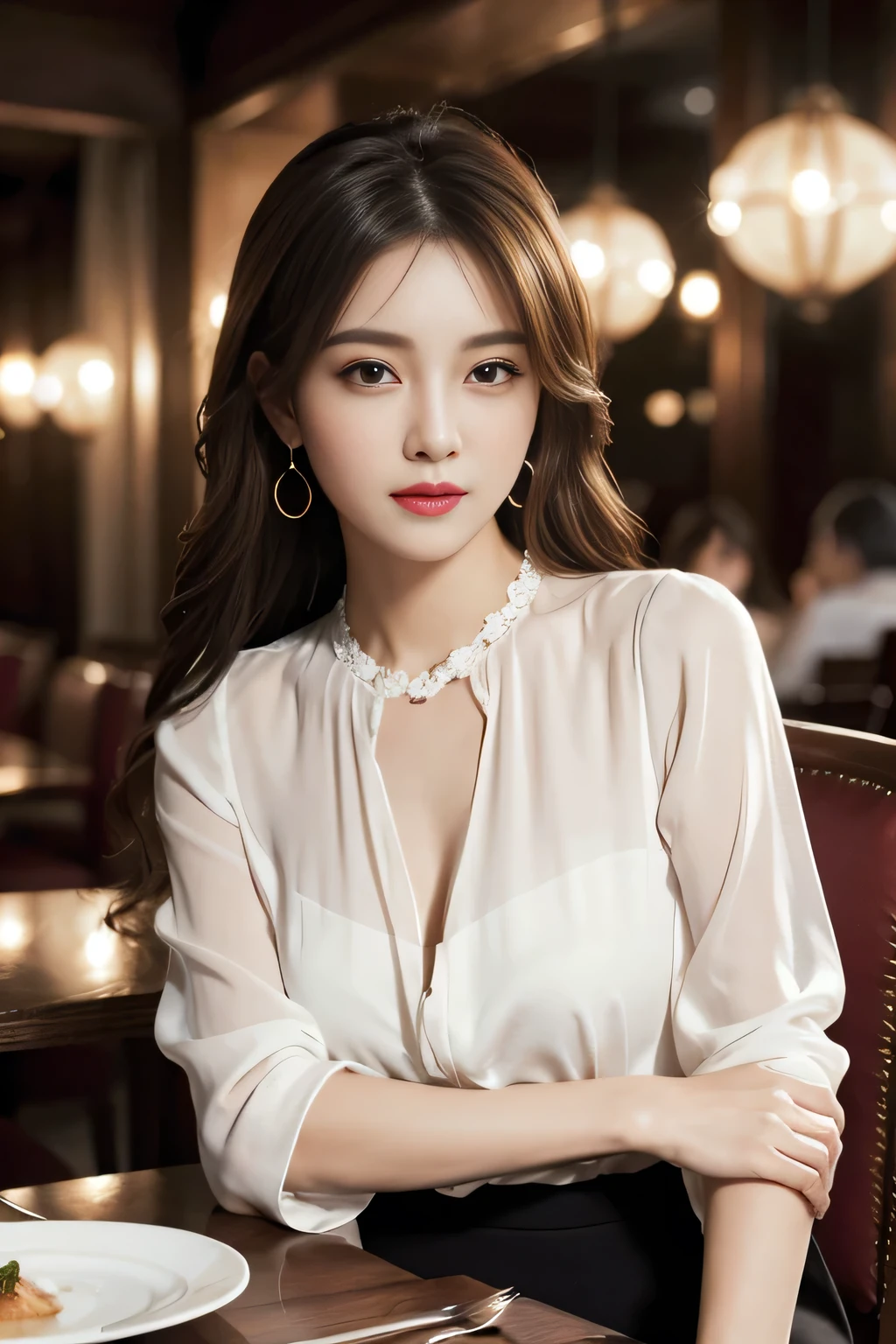 masterpiece, highest quality, Realistic, Very detailed, Finer details, High resolution, 8k wallpaper, One beautiful woman, Wear an elegant white see-through blouse, In a great restaurant, At night, Light brown messy hair, Perfect dynamic composition, Beautiful and beautiful eyes、Big earrings、Sitting in a chair、