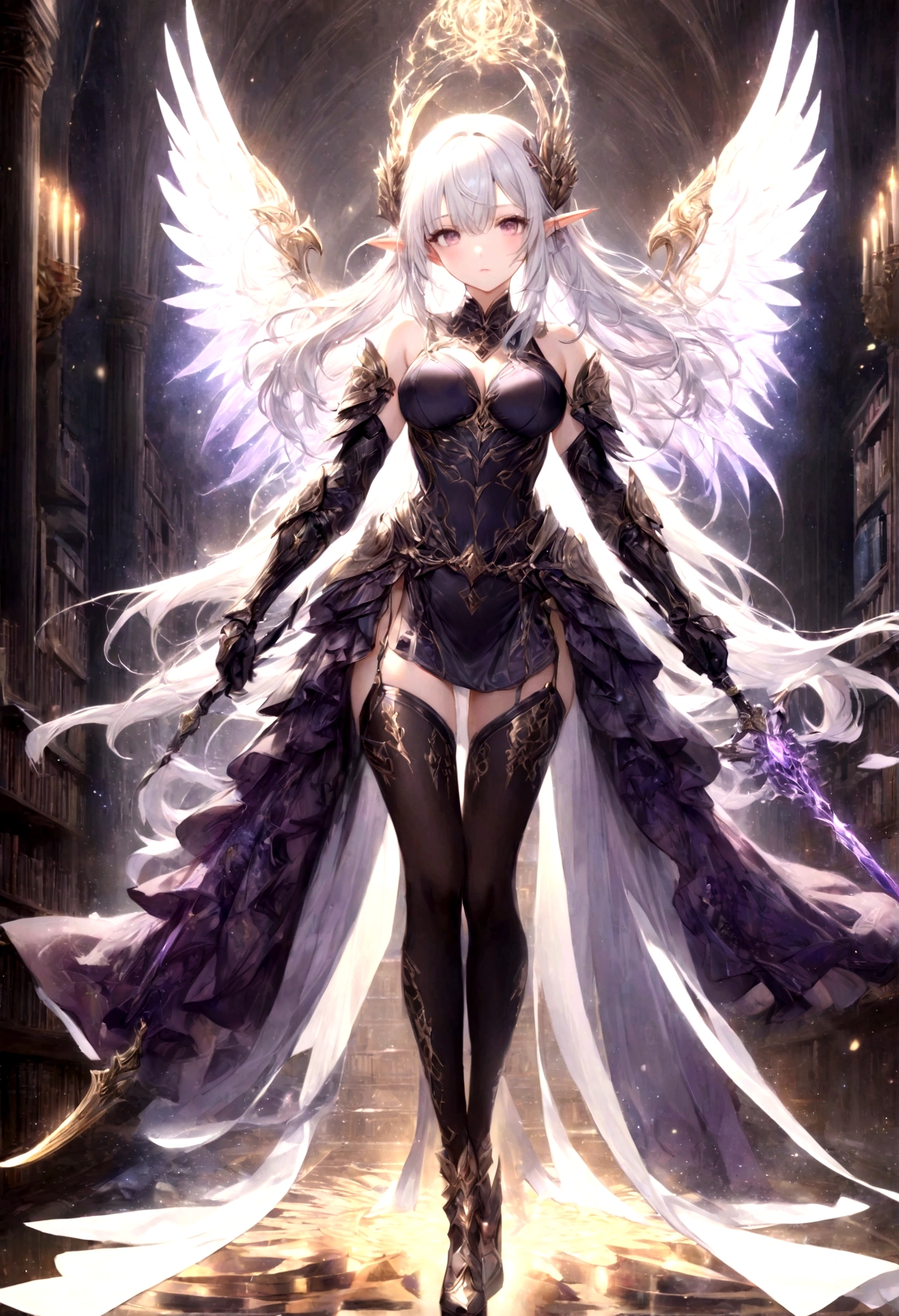 (((masterpiece, best quality, high detailed, 4k))) Design a layout showcase Gaming character, (1girl). Purple|Black clothes, stylish and unique. ((showcase weapon:1.4)), holy majestic spear. (masterpiece:1.2), (best quality), ultra-detailed. (Step by step design, layout art:1.5), (luminous lighting, atmospheric lighting). arcane elf, ((glove full hands)), (((revealing clothes:1.3))), vambraces, armored legwear, (((full_body_shot:1.4))). {In a mystical library}. (zentangle, mandala, tangle, entangle), (fractal art:1.3), maxiskirt, dress conservatively, (elf:1.2), solo, full body, wide shot, standing with white boots, holding spear down, blunt bangs, hair between eyes, white hair, golden eyes, long hair, elf ears, Valkyrie white armor, angel, chest protector, side bang, from front, extra size body, night, mountain, looking at viewer, dynamic pose, art style by Artgerm, by Kawacy, by Wadim Kashin, BREAK, eyelashes, eyeshadow, pink eyeshadow.