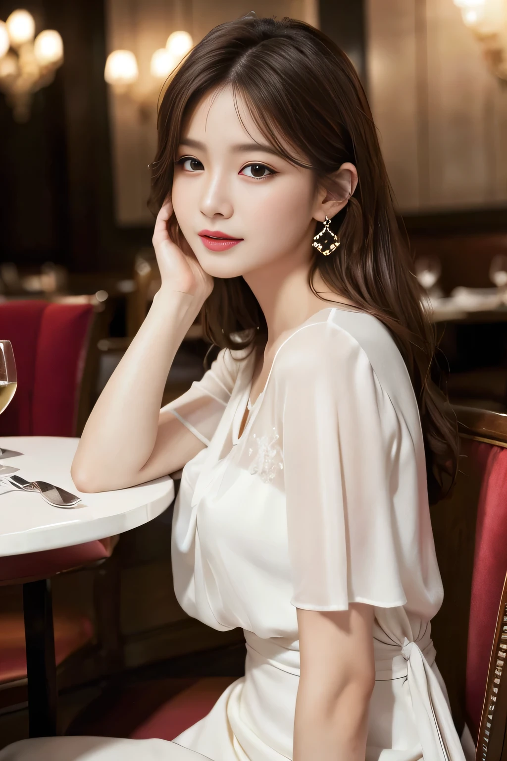 masterpiece, highest quality, Realistic, Very detailed, Finer details, High resolution, 8k wallpaper, One beautiful woman, Wear an elegant white see-through blouse, In a great restaurant, At night, Light brown messy hair, Perfect dynamic composition, Beautiful and beautiful eyes、Big earrings、Sitting in a chair、