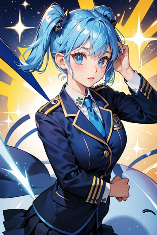 Police Officer Memetchi wears a blue police uniform, consisting of a navy blue blazer over a white shirt and blue tie. She also wears a matching navy blue skirt. SPARKLE; GLITTER
