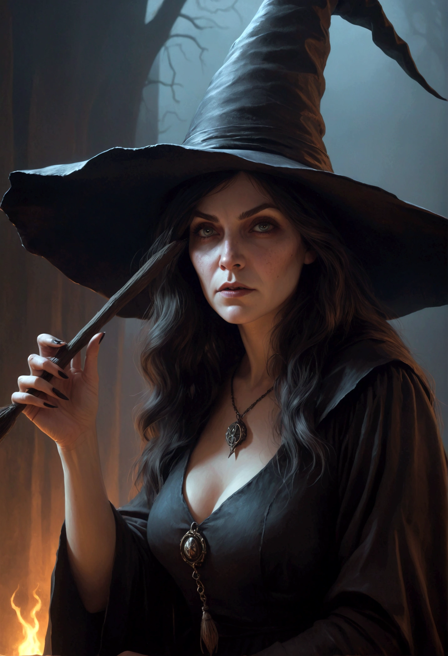 A painting of a witch with a pointed hat, Detailed 4K horror illustration,Realista