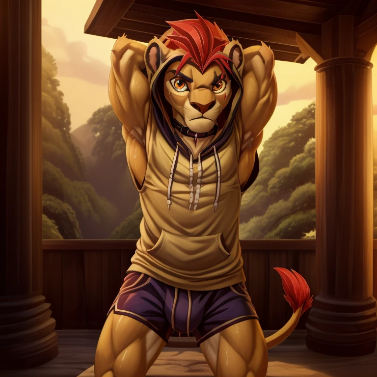 ,Slim, very Slim, very thin waist.masterpiece, detailed, beautiful digital art, masterpiece, 4K, small parts, Anthro, a lion, male, ((male род)), good quality anatomy, ((beautiful eyes)), orange eyes, Red Mane, ((beautiful hands, detailed hands)), (I look at the viewer), I look at the viewer, whole body, scar, scar on left eye, anime style,Slim, , very thin waist, Cute, muscular. in shorts,, Apparel, ,,Cozy atmosphere,,inflection, big biceps, In shorts,gay, a fag,very pumped up,a gift.(musk), (musk clouds:1.4), sweaty,,  ((реалистичная Apparel:1.6). (pike biceps:1.5,).posing.sweating.without sleeves, hood, hoodie, piercing, hood down. without sleeves hoodie, Dominant, Very Close to the Viewer, outside, Suffocates, ,frightening look,(bold), very strong,lean forward towards the viewer, lean towards the viewer, lean closer to the camera,kion pet,Whore,Особенно много scarов:2，Много scarов,the collar is very tight, Hands raised behind his head, in the room, posing,