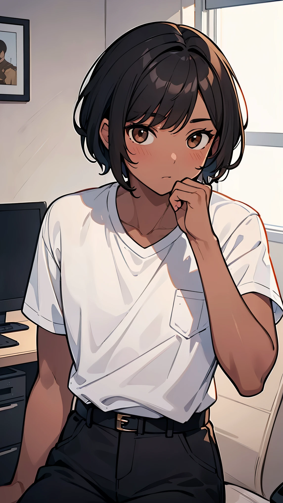 man1,black skin,round face,brown eyes,black hair,high skin fade haircut for short hair,white shirt,Sitting in an office, bored,retina,masterpiece,ccurate,anatomical correct, textured skin,super detail,high quality,high details,best quality,highres,UHD,1080P