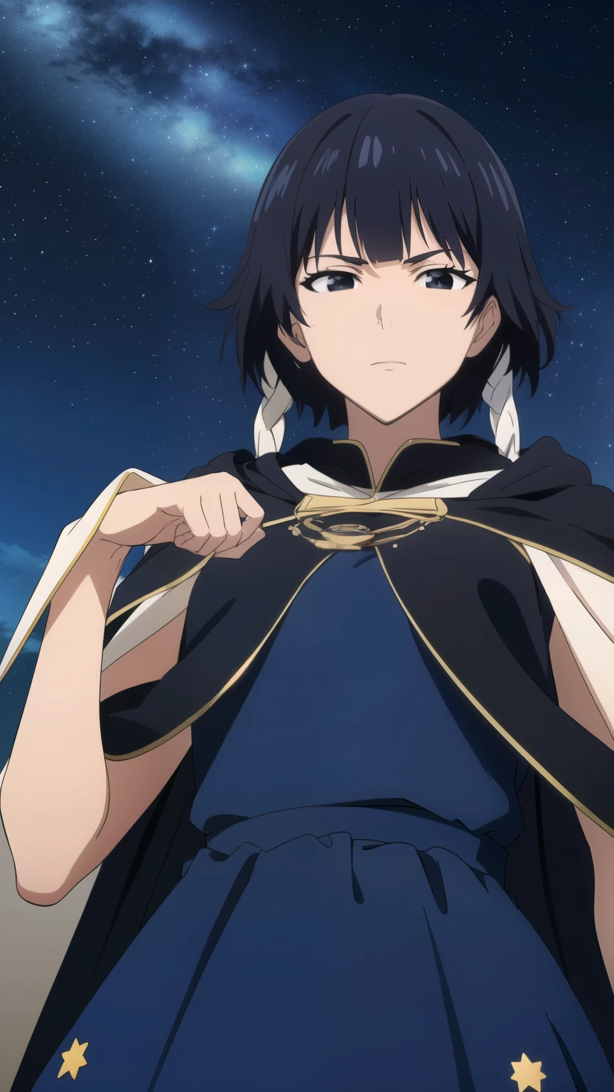 soifon, soifon, short hair, bangs, black hair, short hair with long locks, (black eyes:1.2), small breasts,(slender:1.2),Glare, (Dream dress,blue dress,starry sky print,cloak,1.2),
dynamic pose, dynamic angles, looking at viewer,
(masterpiece best quality, 8k:1.2),(anime), high resolution, unity 8k wallpaper, (beautiful detailed eyes:1.2), extremely detailed face, perfect lighting, extremely detailed CG, (perfect hands, perfect anatomy),
