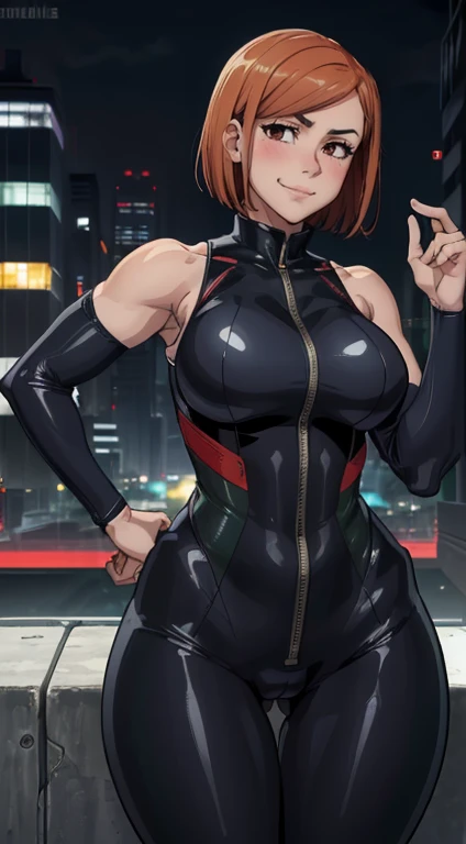(melhor qualidade:1.3), (qualidade 4K), Nobara Kugisaki by jujutsu no kaisen, ((detailed face)),((smile)), ((curvy body)), (peitos grandes), sexy, (( cut hair)), ((body suit clivagem, sleeveless)), ((city))