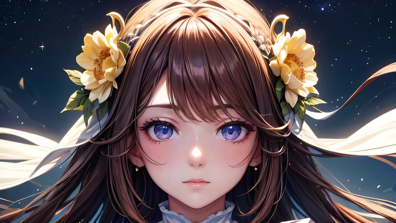 Beautiful woman 1.3, Beautiful brown hair、Straight Long Hair: 1.2, summer: 1.2,night: 1.1, Ultra-high resolution, Accurate, Super detailed, Textured skin, High detail, highest quality, 8k,Thin bangs,Upper Body,Well-drawn eyes, Focus on the face,White shirt,Detailed hair depiction,Detailed depiction of eyes、Detailed depiction of hair、Upper Body、Starry Sky