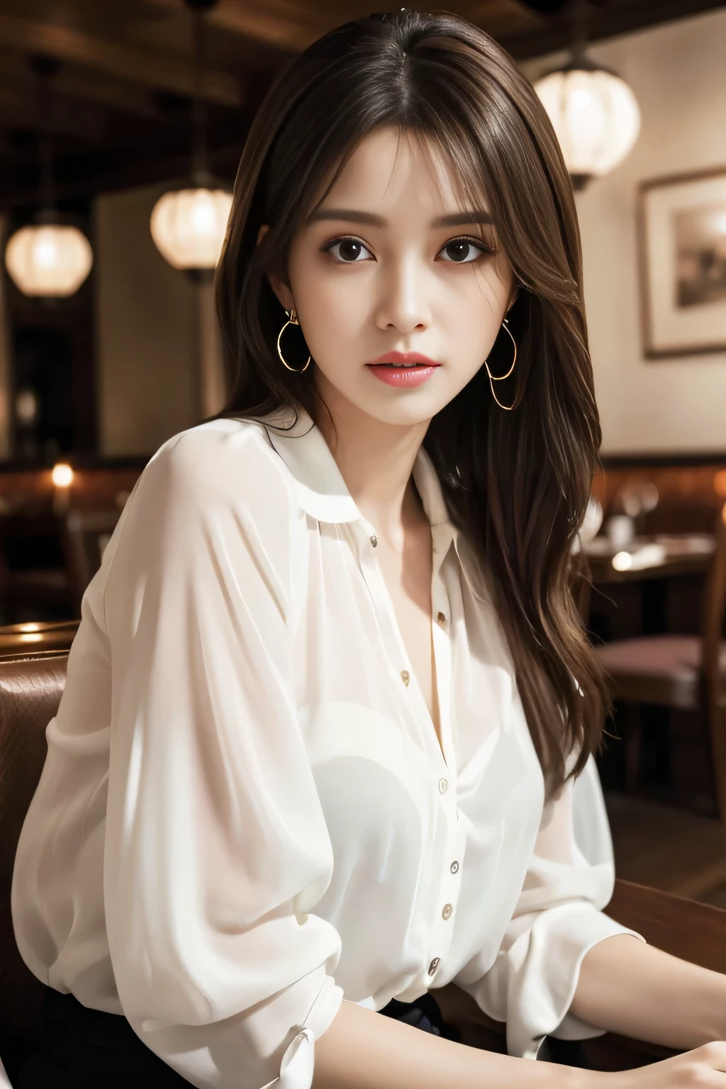 masterpiece, highest quality, Realistic, Very detailed, Finer details, High resolution, 8k wallpaper, One beautiful woman, Wear an elegant white see-through blouse, In a great restaurant, At night, Light brown messy hair, Perfect dynamic composition, Beautiful and beautiful eyes、Big earrings、Sitting in a chair、