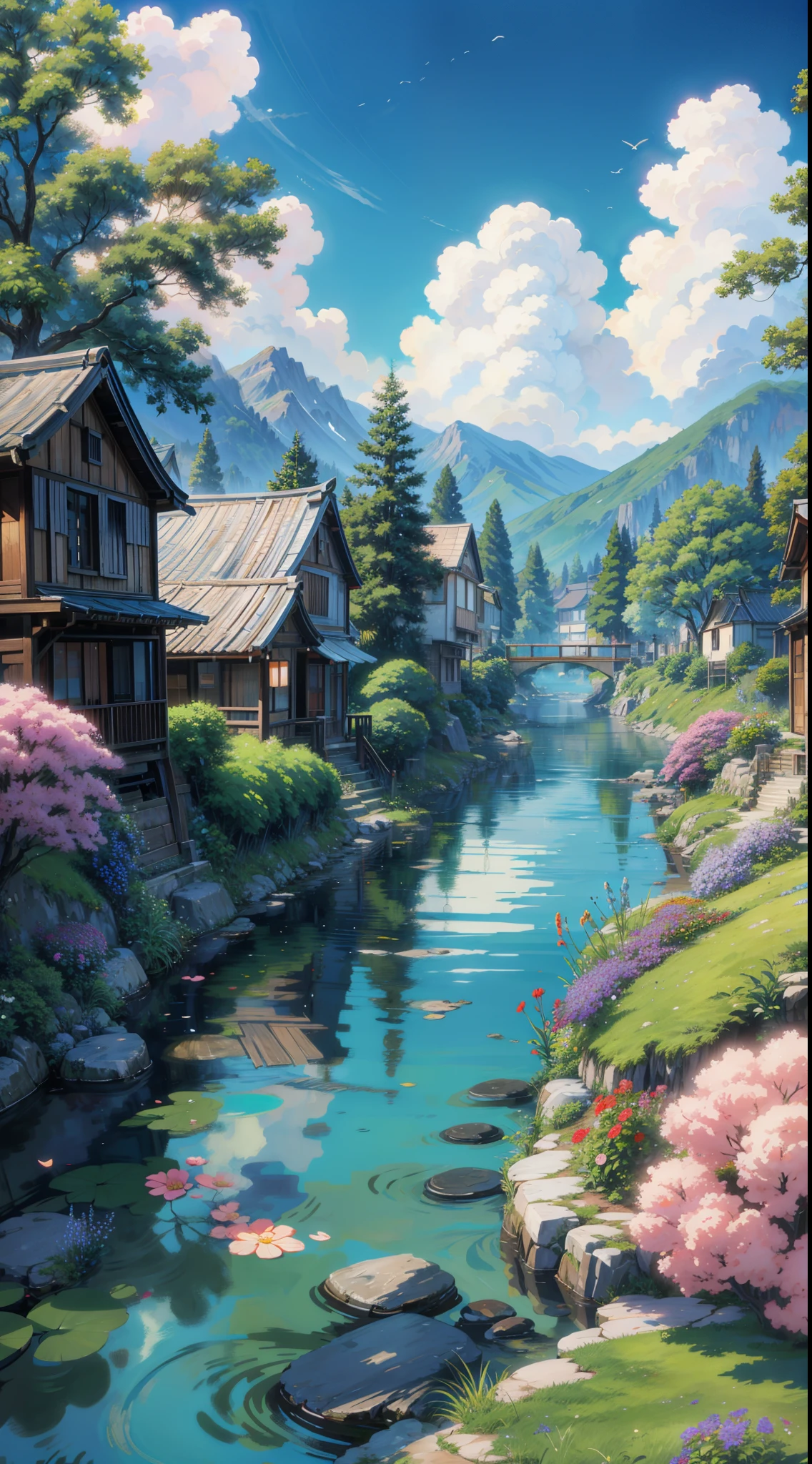 a painting of studio ghibli streets, still from the wind rises movie, multicolored flowers, river, anime, japanese, flower background, flowery wallpaper, flowers background, floral background, mountainous background, mountain background. by makoto shinkai, ghibli artstyle, 4k professional painting, game, detailed key anime art, illustation, a beautiful artwork illustration, beautiful digital painting, highly detailed digital painting, beautiful digital artwork, detailed painting 4 k, very detailed digital painting, rich picturesque colors, gorgeous digital painting