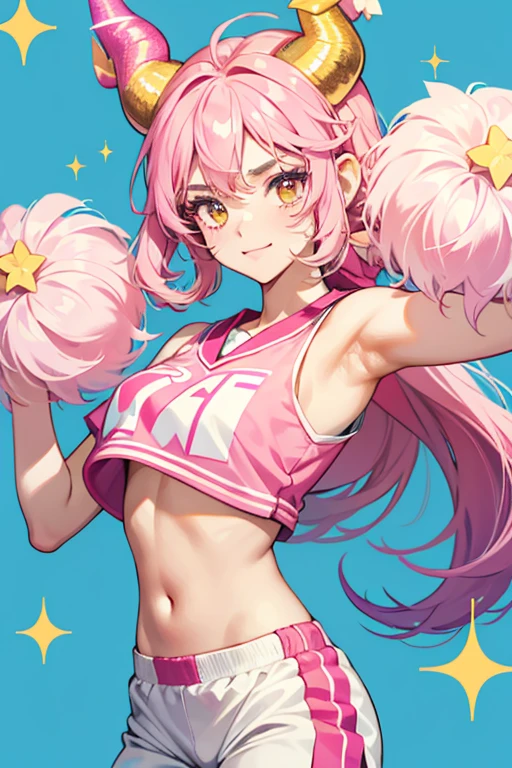 Pompomtchi resembles a cheerleader. She has yellow skin and a pink star painted on the left side of her face. She wears a pink sleeveless shirt and white full pants. She has two pom-poms on top of her head, held in place by two curved horns. SPARKLE; GLITTER