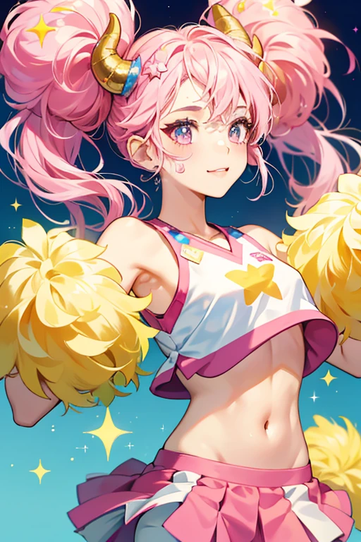 Pompomtchi resembles a cheerleader. She has yellow skin and a pink star painted on the left side of her face. She wears a pink sleeveless shirt and white full pants. She has two pom-poms on top of her head, held in place by two curved horns.  SPARKLE; GLITTER