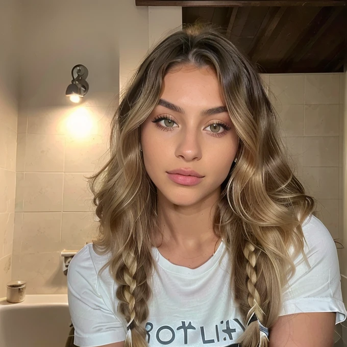 italiana hermosa from , brown blonde ,rostro angelical y tierna , long hair hairstyle Semi updo with braid and thick waves blonde with light roots , in the bathroom with clothes ,(( foto realista de noche), ((pechos normales )),((rostro angelical)),((foto entera de cuerpo con ropa ),((blonde hair with roots )), ((ropa de noche), cabello rubio ,Ojos verdes claros , cuerpo completo ,Realista, un sexy ,muy elegante, of celestial roots, rubia pelo, con ropa ,de noche,LUT de Instagram, from 17 years old