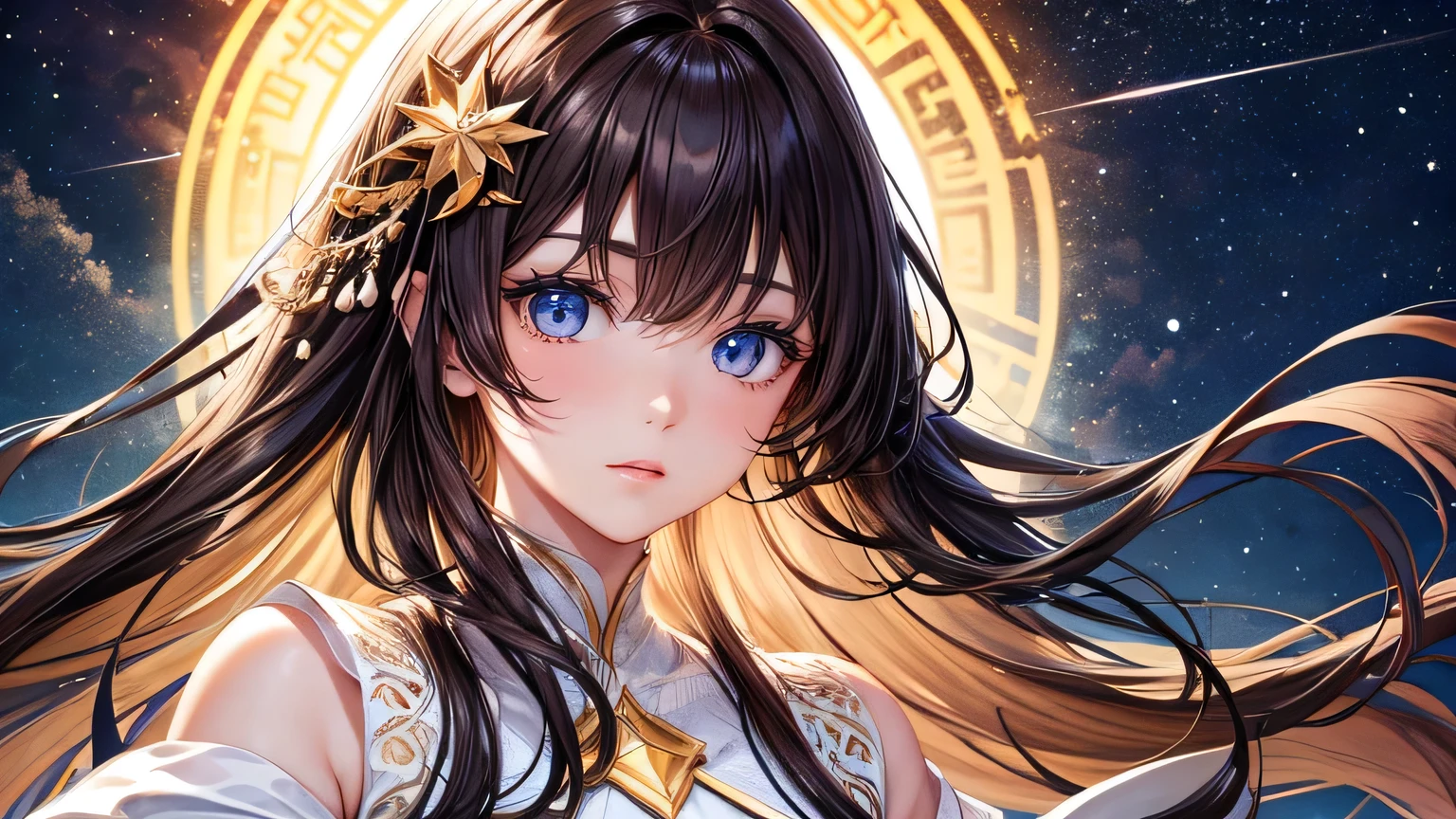 Beautiful woman 1.3, Beautiful brown hair、Straight Long Hair: 1.2, summer: 1.2,night: 1.1, Ultra-high resolution, Accurate, Super detailed, Textured skin, High detail, highest quality, 8k,Thin bangs,Upper Body,Well-drawn eyes, Focus on the face,white dress suit,Detailed hair depiction,Detailed depiction of eyes、Detailed depiction of hair、Upper Body、Starry Sky