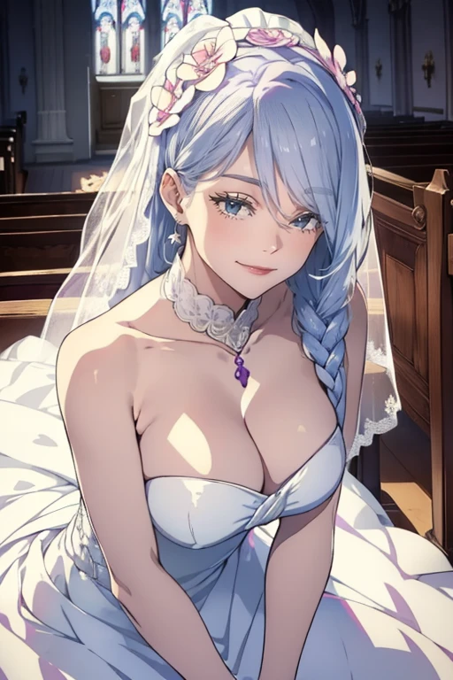 (((smile)))(((Big Breasts)))(masterpiece:1.3, highest quality, Ultra-high resolution, Very detailed), (Realistic, photoRealistic:1.4), Beautiful illustrations, (Natural Side Lighting, Cinema Lighting), Written boundary depth,
Looking at the audience, Bust photo, 1 girl, , Perfect Face, (Perfect Anatomy), Symmetrical cute face, Baby Face, Shiny skin, thin
(Long Hair:1.8, Straight hair:1.2, Silver Hair), Hair above one eye, Purple eyes, Pink Lips, Long eyelashes, (Big Breasts:1.3),
Beautiful Hair, Beautiful Face, Fine and beautiful eyes, Beautiful clavicle, Beautiful body, Beautiful breasts, Beautiful thighs, Beautiful legs, Beautiful fingers,
High-quality fabric, wedding princess dress, Flower head, Head ornament, (Bandeau wedding dress:1.5), (Silk dress:1.2), (Strapless Wedding Dress:1.5),
plain white dress, necklace, Earrings, Cleavage, bouquet, (Lace gloves:1.2), (Bridal Veil:1.2), (Short transparent veil:1.2),
(Beautiful views), evening, Sunny day, (church, Stained glass) walk, (smile, blush),