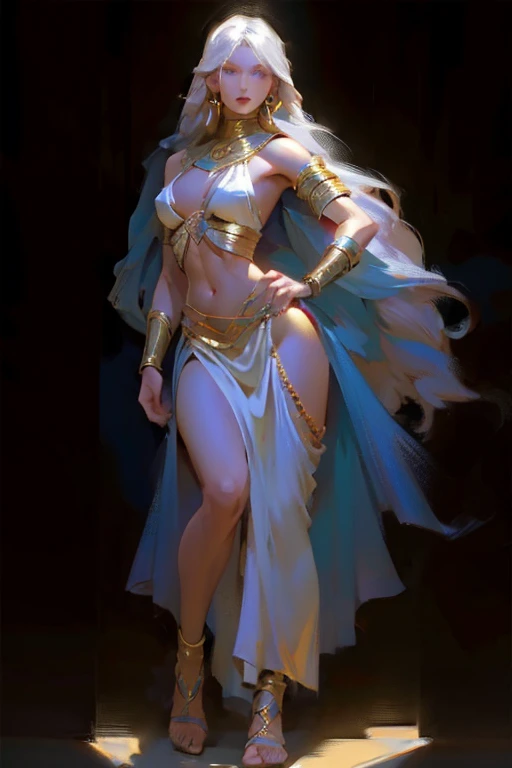 (full body:1.4),((ultra realistic illustration:1.2)),(dark fantasy:1.4), In a desert kingdom. Beautiful exotic princess, long white hair, electric blue eyes. dark tan skin, gorgeous fit figure, toned legs,natural breasts, abs, perfect round ass, perfect skin, ancient Persian inspired dress, gold jewelry, navel piercing, Egyptian eye makeup, pomegranate red lips, gold sandals. Masterpiece, (highly detailed:1.2),(detailed face and eyes:1.2), 8k wallpaper, natural lighting. core shadows, high contrast, bokeh.