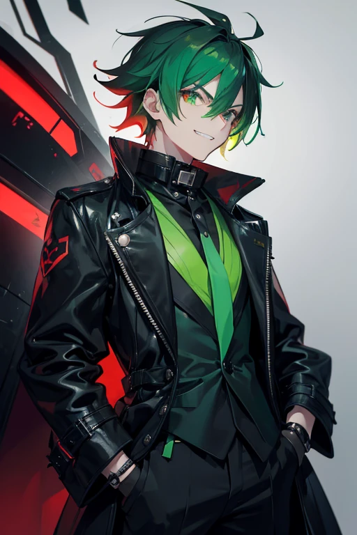 I want a male adolescent with green hair, a inventor, using a black coat, with a malicious grin, with red colours in his creations and a cyperpunk background.