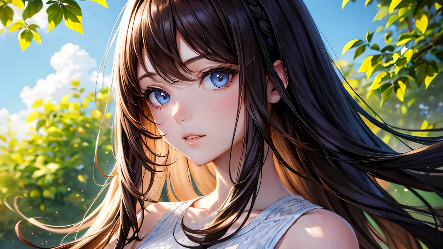 Beautiful woman 1.3, Beautiful brown hair、Straight Long Hair: 1.2, summer: 1.2,Morning sun and blue sky: 1.1, Ultra-high resolution, Accurate, Super detailed, Textured skin, High detail, highest quality, 8k,Thin bangs,Upper Body,Well-drawn eyes, Focus on the face,White Tank Top Dress,Detailed hair depiction,Detailed depiction of eyes、Detailed depiction of hair、Upper Body、