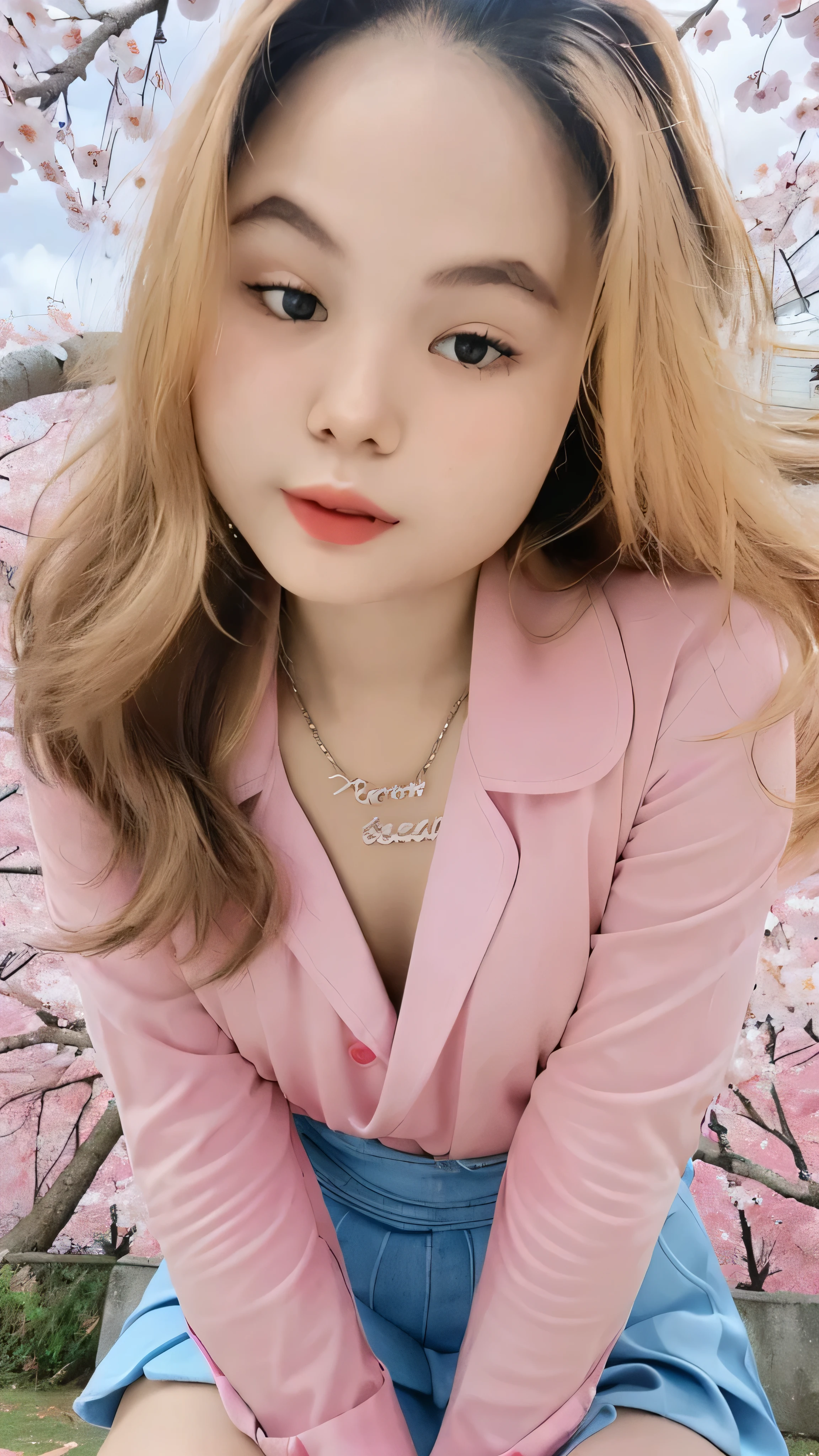 (super highest quality:1.3) (very realistic, Photoreal:1.3), (Realistic and very high quality:1.3), soft light, (brown hair, 1 girl, highly detailed eyes and face, beautifully detailed nose, thin and beautiful eyes, Pure beauty, cute, young, (smaller and flat chest), realistic face, realistic body, beautiful thigh, open shirt, mini skirt, full-body porttrait, , sitting, open legs, cherry blossom background
