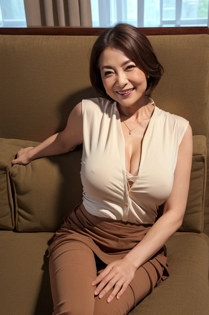 (high quality)、(high resolution)、Professional Lighting、50-year-old woman、Thin and beautiful legs、Narrow waist、(Big Breasts)、whole body、Smiling and ecstatic expression、Elegant sleeveless blouse、skirt、sofa、(You can lean forward and see your cleavage:1.2)