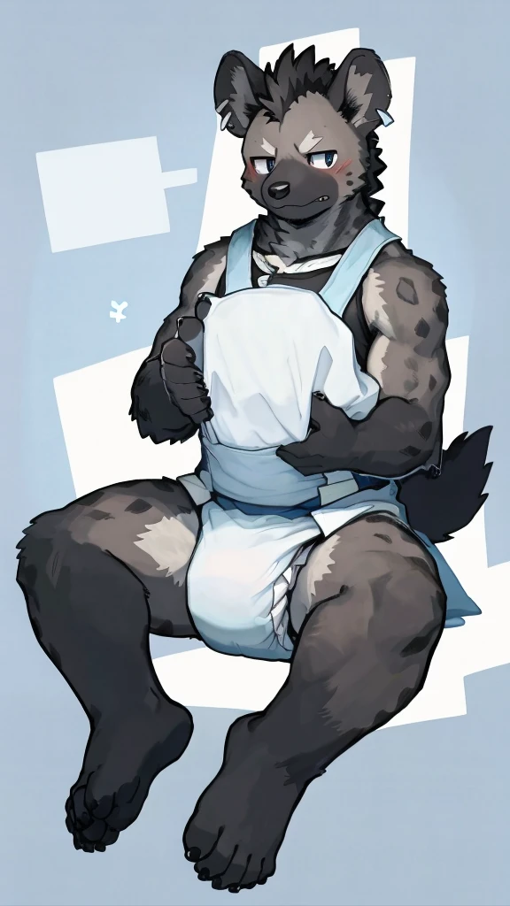 1 person、juvenile、Shota、gray spot hyena man, Grey body、masterpiece、highest quality、Light blue paper diapers、Embarrassed face、Sitting、Swollen crotch、Look Away、Earrings、Children's room、Feeding Bottle、Baby cribs