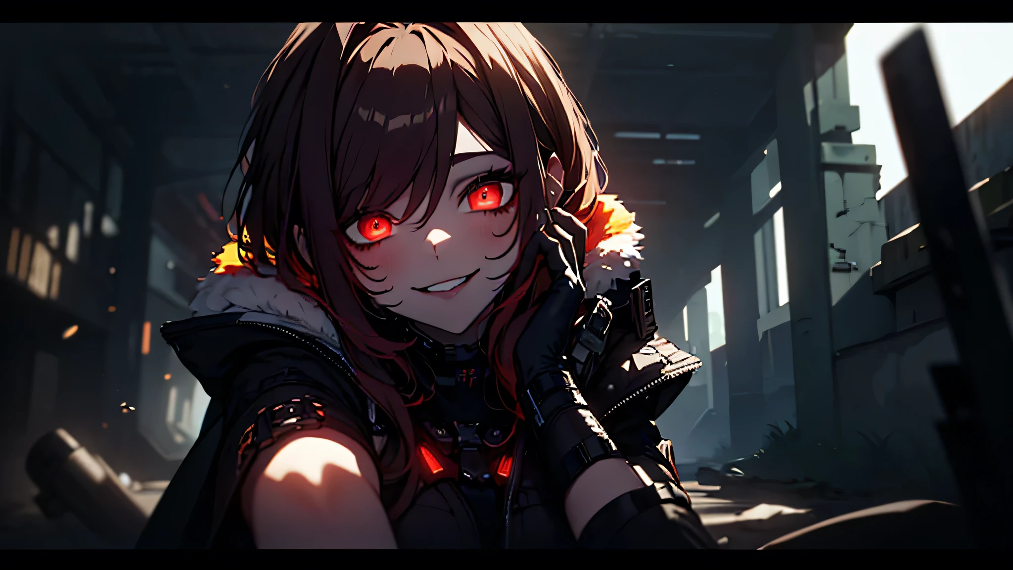 ((Best quality)), ((masterpiece)), (detailed:1.4), 3D, an image of a beautiful cyberpunk female, Yandere , Yandere Face , Trance , Trance Eyes , yameroyandere , constricted pupils , yandere ,
empty eyes . shaded face , crazy eyes , glowing red eyes , crazy smile , dark, long burning red hair, long hair , burning hair, light brown eyes, red Barret, Black Soldier Shirt, Black under cloth, black panty, Grenade belt, Big chest, Big thigh, High thigh black knee sock, full view of girl, battlefield background, black combat boot, red necktie, black glove, black combat suit, black jacket, black cloak, black panty, ammo belt, HDR (High Dynamic Range),Ray Tracing,NVIDIA RTX,Super-Resolution,Unreal 5,Subsurface scattering,PBR Texturing,Post-processing,Anisotropic Filtering,Depth-of-field,Maximum clarity and sharpness,Multi-layered textures,Albedo and Specular maps,Surface shading,Accurate simulation of light-material interaction,Perfect proportions,Octane Render,Two-tone lighting,Wide aperture,Low ISO,White balance,Rule of thirds,8K RAW,