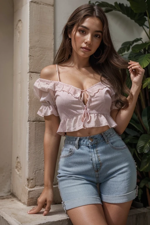 fingers visible. The results of the photo of the body perpendicular to the camera are visible up to the knees. um close up de uma mulher com um top rosa e shorts jeans, Violeta Myers, lindo alfaiate de jade feminino, vestindo roupas simples e justas, Retrato de Sophie Mudd, meio rosa, modelo do instagram, portrait meio rosa, roupa apertada, vannessa ives, portrait of meio rosa, linda garota vestindo terno regata, 2 modelo feminino de 4 anos, cintura fina e quadris grossos