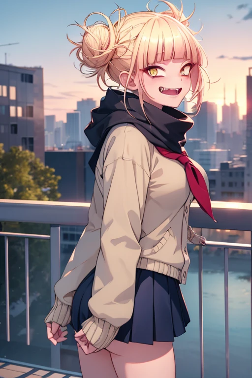 HimikoU1, 1 girl, Alone, bangs, blonde hair, yellow eyes, blunt bangs, hair bun, double good, side locks, messy hair, looking at viewer, smile, blushing, bags under eyes, teeth, , collar sailor, open mouth, serafuku, fangs, breasts, medium breasts, coat, narrowed eyes, long sleeves, scarf, red scarf, cowboy shot, slit pupils, blue sailor collar, skirt, sharp teeth, :d, pleated skirt, clavicle , short hair, blue skirt, knee-length, outdoors, day, buildings, city, clouds, balcony, trees, bushes, tall woman, skinny, looking back, from behind, Bunda focus, Butt, medium Bunda,