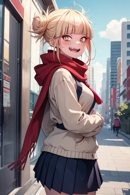 HimikoU1, 1 girl, Alone, bangs, blonde hair, yellow eyes, blunt bangs, hair bun, double good, side locks, messy hair, looking at viewer, smile, blushing, bags under eyes, teeth, , collar sailor, open mouth, serafuku, fangs, breasts, medium breasts, coat, narrowed eyes, long sleeves, scarf, red scarf, cowboy shot, slit pupils, blue sailor collar, skirt, sharp teeth, :d, pleated skirt, clavicle , short hair, blue skirt, knee-length, outdoors, day, buildings, city, clouds, balcony, trees, bushes, tall woman, skinny, looking back, from behind, Bunda focus, Butt, medium Bunda,