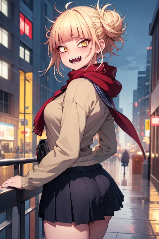 HimikoU1, 1 girl, Alone, bangs, blonde hair, yellow eyes, blunt bangs, hair bun, double good, side locks, messy hair, looking at viewer, smile, blushing, bags under eyes, teeth, , collar sailor, open mouth, serafuku, fangs, breasts, medium breasts, coat, narrowed eyes, long sleeves, scarf, red scarf, cowboy shot, slit pupils, blue sailor collar, skirt, sharp teeth, :d, pleated skirt, clavicle , short hair, blue skirt, knee-length, outdoors, day, buildings, city, clouds, balcony, trees, bushes, tall woman, skinny, looking back, from behind, Bunda focus, Butt, medium Bunda,