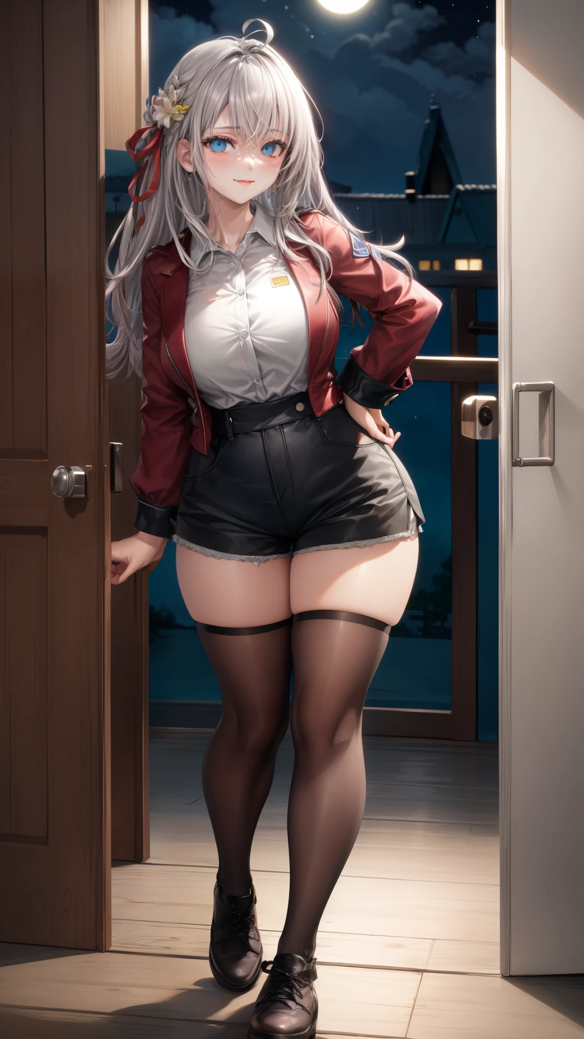 Alisa Kujou, 

(night:1.7), 1 girl standing at attention, 22 years,hembra joven,hermoso Finger, hermoso long legs ,hermoso body ,hermoso Nose ,hermoso character design, ojos perfectos, perfect rostro,

There is an anime girl in shorts walking through an open door., 1 chica, muslos, solo, (falda muy corta:1.4), blue eyes, senos, chaqueta, camisa school, medias largas , falda , white camisa, arco, mano en la cadera, rubor, black muslos, arcotie, adentro, calzado marron, zettai ryouiki, mocasines, zapatos, large senos, mirando al espectador, boca abierta, thighs,

mirando al espectador, sonrisa, saludando al espectador, en el centro de la imagen, Fondo de pantalla CG unity 8k extremadamente detallado, Perfect lighting,vistoso, Brillante_frente_rostro_Lightinasterpiece:1.0),(mejor_calidad:1.0), ultra high resolution,4k,ultra detallado,
Photography, 8k, hdr, high resolution, absurdos:1.2, codas portra 400, film grain, fondo borroso, bokeh:1.2, Destello de lente, (vibrante_color:1.2)
, (hermoso_rostro:1.5),(angosto_cintura), (hermoso,Enorme_senos:1.3)