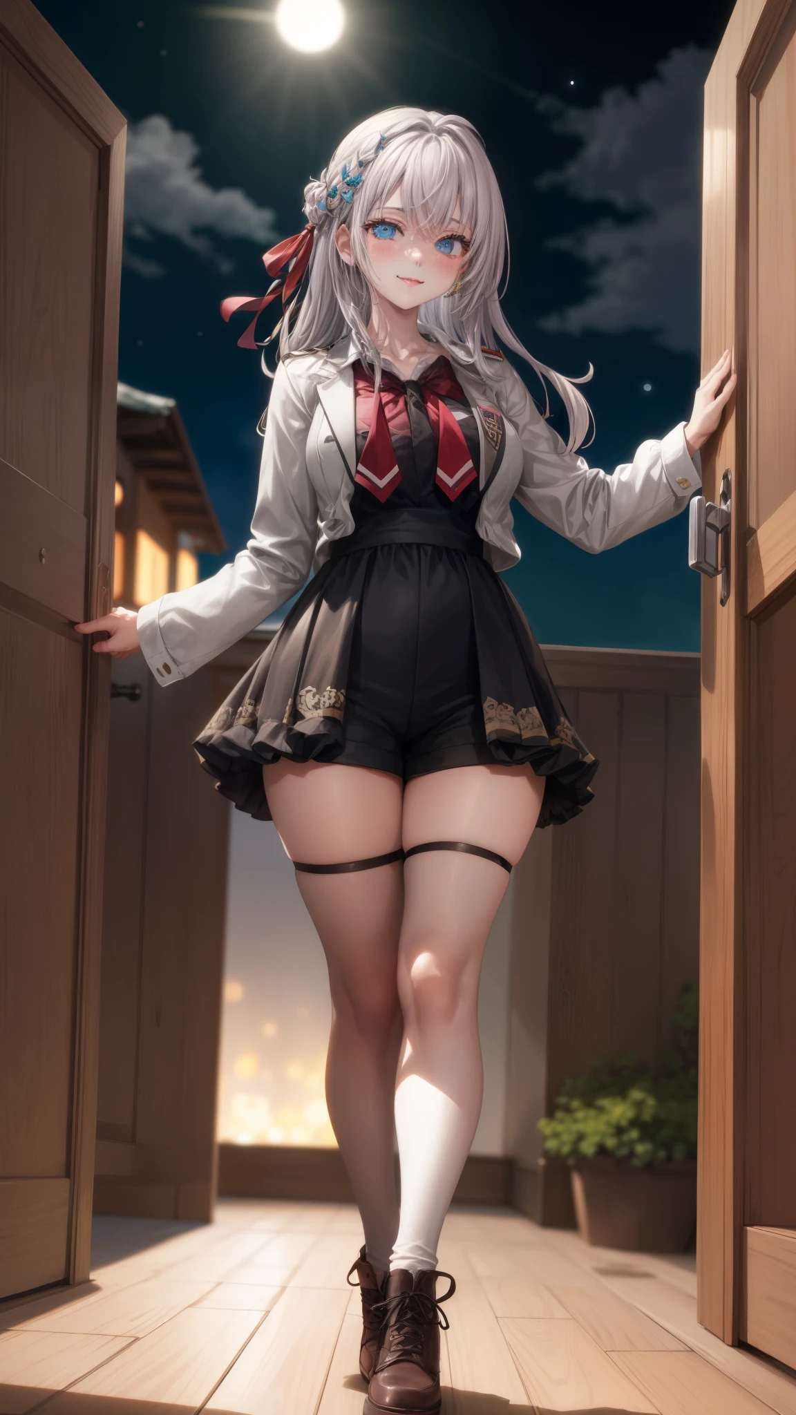 Alisa Kujou, 

(night:1.7), 1 girl standing at attention, 22 years,hembra joven,hermoso Finger, hermoso long legs ,hermoso body ,hermoso Nose ,hermoso character design, ojos perfectos, perfect rostro,

There is an anime girl in shorts walking through an open door., 1 chica, muslos, solo, (falda muy corta:1.4), blue eyes, senos, chaqueta, camisa school, medias largas , falda , white camisa, arco, mano en la cadera, rubor, black muslos, arcotie, adentro, calzado marron, zettai ryouiki, mocasines, zapatos, large senos, mirando al espectador, boca abierta, thighs,

mirando al espectador, sonrisa, saludando al espectador, en el centro de la imagen, Fondo de pantalla CG unity 8k extremadamente detallado, Perfect lighting,vistoso, Brillante_frente_rostro_Lightinasterpiece:1.0),(mejor_calidad:1.0), ultra high resolution,4k,ultra detallado,
Photography, 8k, hdr, high resolution, absurdos:1.2, codas portra 400, film grain, fondo borroso, bokeh:1.2, Destello de lente, (vibrante_color:1.2)
, (hermoso_rostro:1.5),(angosto_cintura), (hermoso,Enorme_senos:1.3)