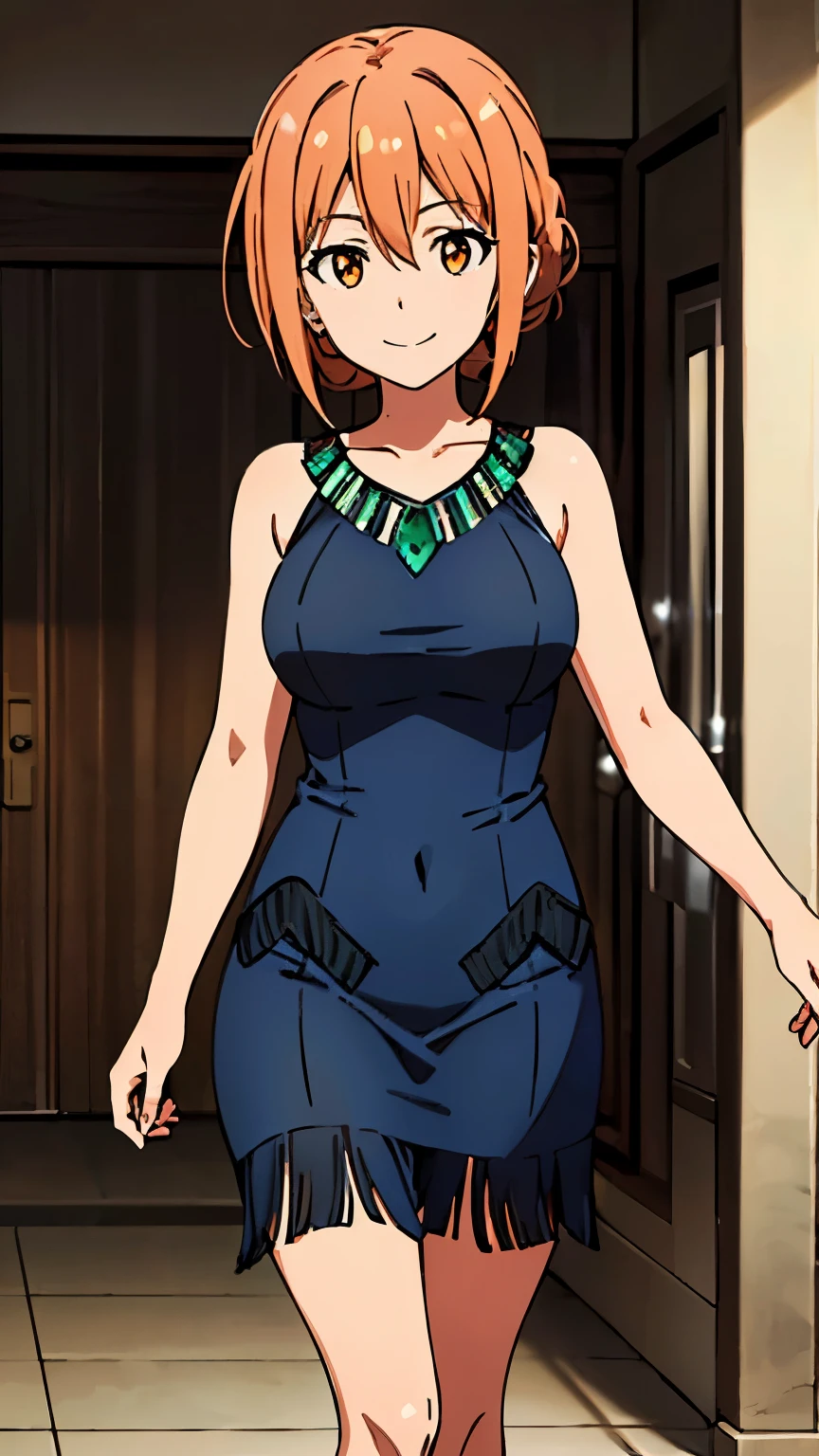 (Top Quality, 8K, Masterpiece: 1.2), Super Detailed, Illustration, Yuigahama Yui's Mother, dynamic angle, 20 years, adult woman,(large medium breasts:0.7), Orange Eyes, Smile, Between the Eyes, 1 Girl, solo, Bun Hair, Shiny Hair , focus only, looking at the viewer, (flapper, black flapper dress, blue flapper dress, red flapper dress, green flapper dress, flapper dress), in the center of the image, 