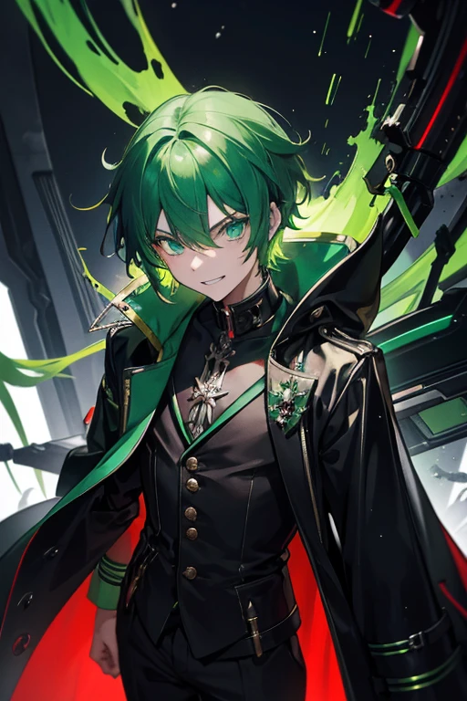 I want a male adolescent with green hair, a inventor with his creations by his side, using a black coat, with a malicious grin, with red colours in his creations and a cyperpunk background.