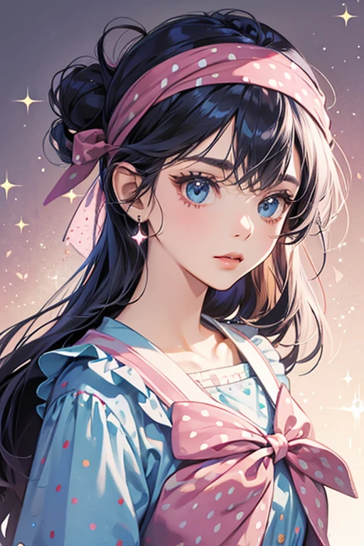 She also wears a pink bandana with dark blue polka dots around her head. SPARKLE; GLITTER