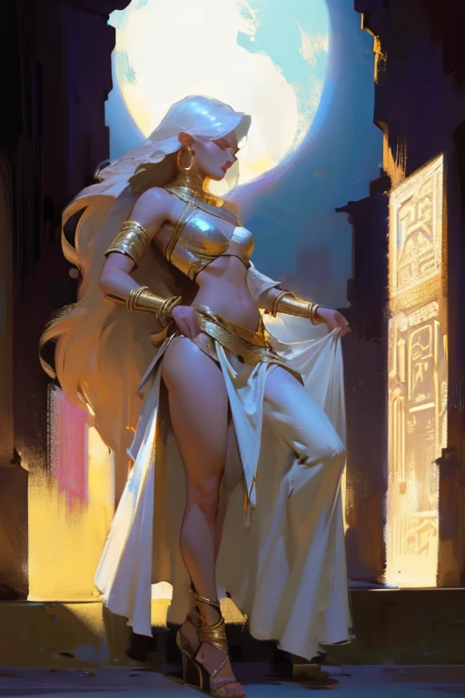 (full body:1.4),((ultra realistic illustration:1.2)),(dark fantasy:1.4), In a desert kingdom. Beautiful exotic princess, long white hair, electric blue eyes. dark tan skin, gorgeous fit figure, toned legs,natural breasts, abs, perfect round ass, perfect skin, ancient Persian inspired dress, gold jewelry, navel piercing, Egyptian eye makeup, pomegranate red lips, gold sandals. Masterpiece, (highly detailed:1.2),(detailed face and eyes:1.2), 8k wallpaper, natural lighting. core shadows, high contrast, bokeh.