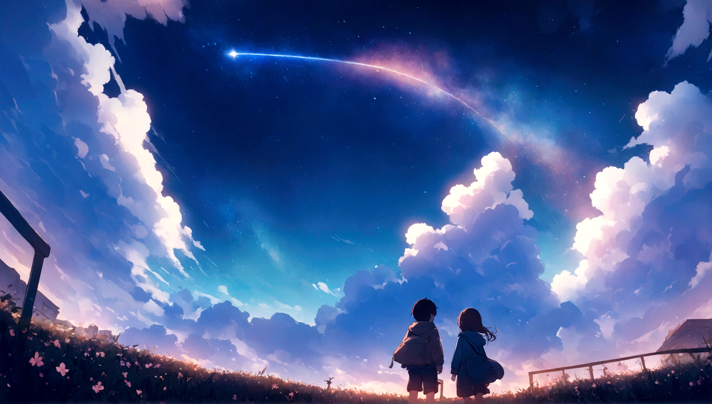 City of night、The sky is wonderful、meteor、3 year old little boy sitting on top of a building、Brown Hair、Back view、The city is bright with streetlights、highest quality、Anime Scenery、Xin Haichen、building、Field、Milky Way 110207, distant 3 year old little boy staring at the,(Zoom out:1.1),(meteor:1.2)、(comet:1.1,yourname、Low Angle、From behind、Alola、shooting star、cherry blossoms、Standing in the Field、highest quality、masterpiece、cloud、colorful、Starry Sky、