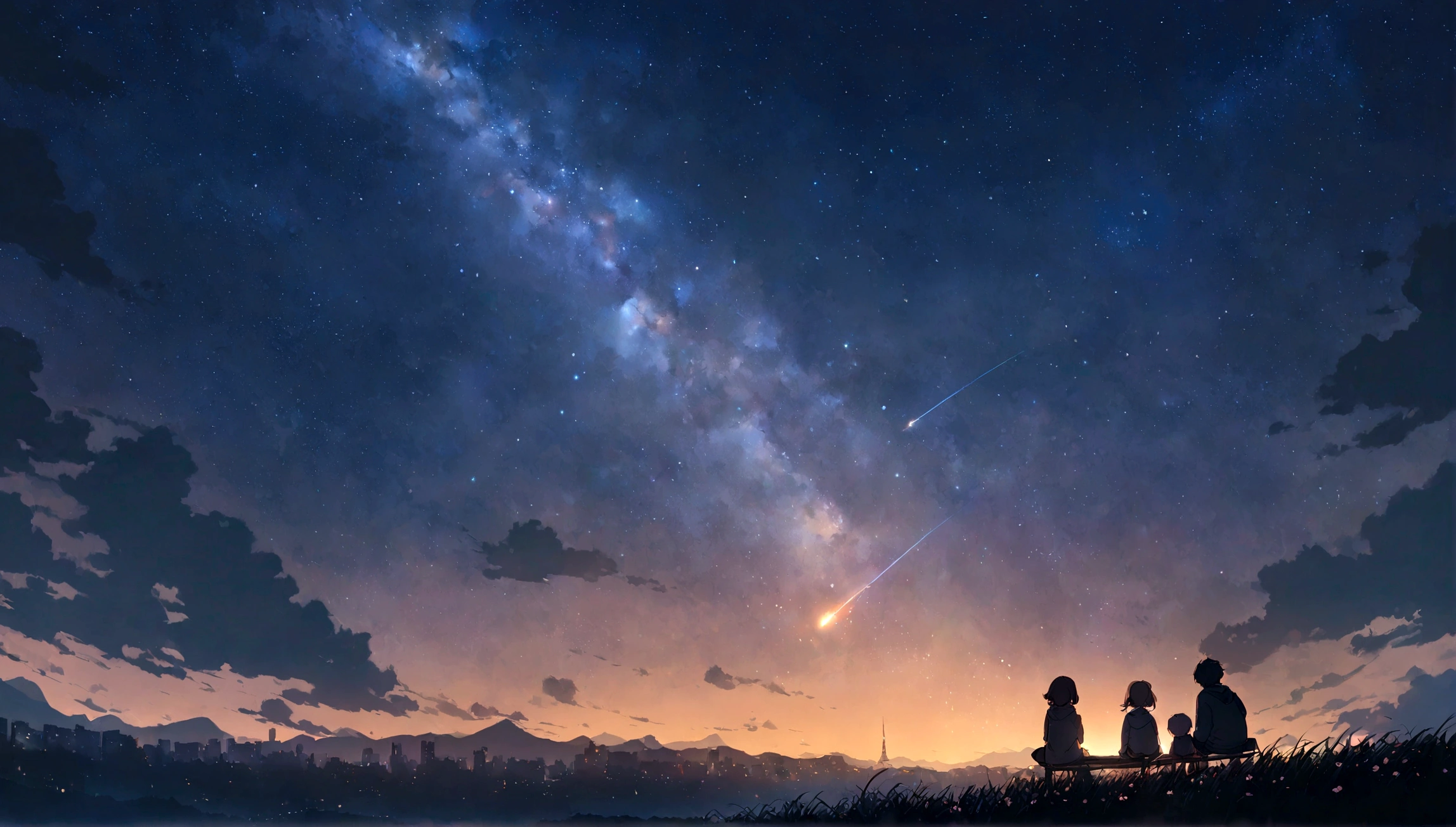 City of night、The sky is wonderful、meteor、3 year old sitting on top of a building、Brown Hair、Back view、The city is bright with streetlights、highest quality、Anime Scenery、Xin Haichen、building、Field、Milky Way 110207, distant 3 year old little boyt the,(Zoom out:1.1),(meteor:1.2)、(comet:1.1,yourname、Low Anglem behind、Alola、shooting star、cherry blossoms、Standing in the Field、highest quality、masterpiece、cloud、colorful、Starry Sky、