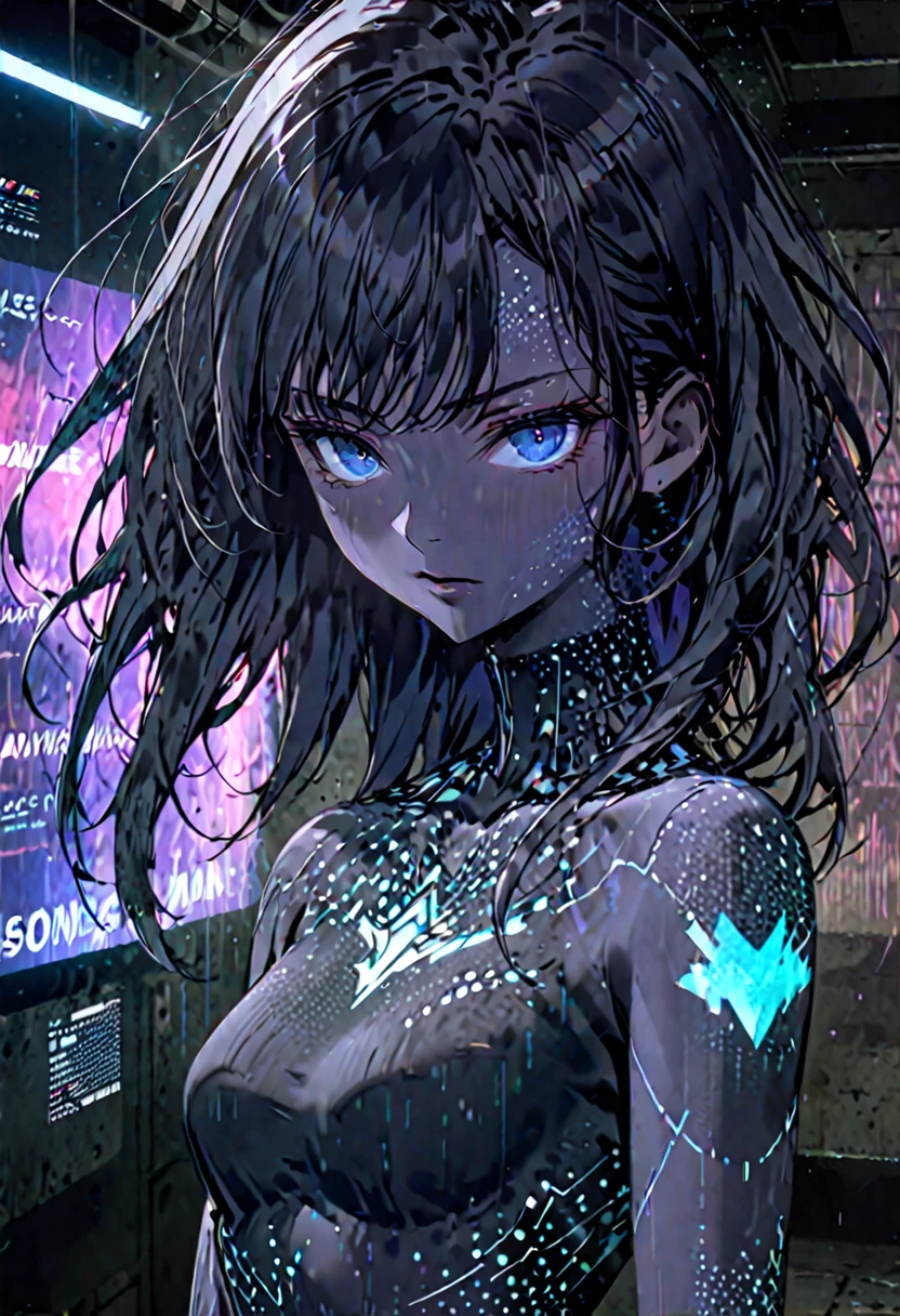 solo, female, holographic woman, holographic projection, floating, futuristic, stoic, teaching, erudite, dark blue static noise skin, long hair, black hair, floating hair, fading hair, sfw, basement, blue static noise, close up, nude