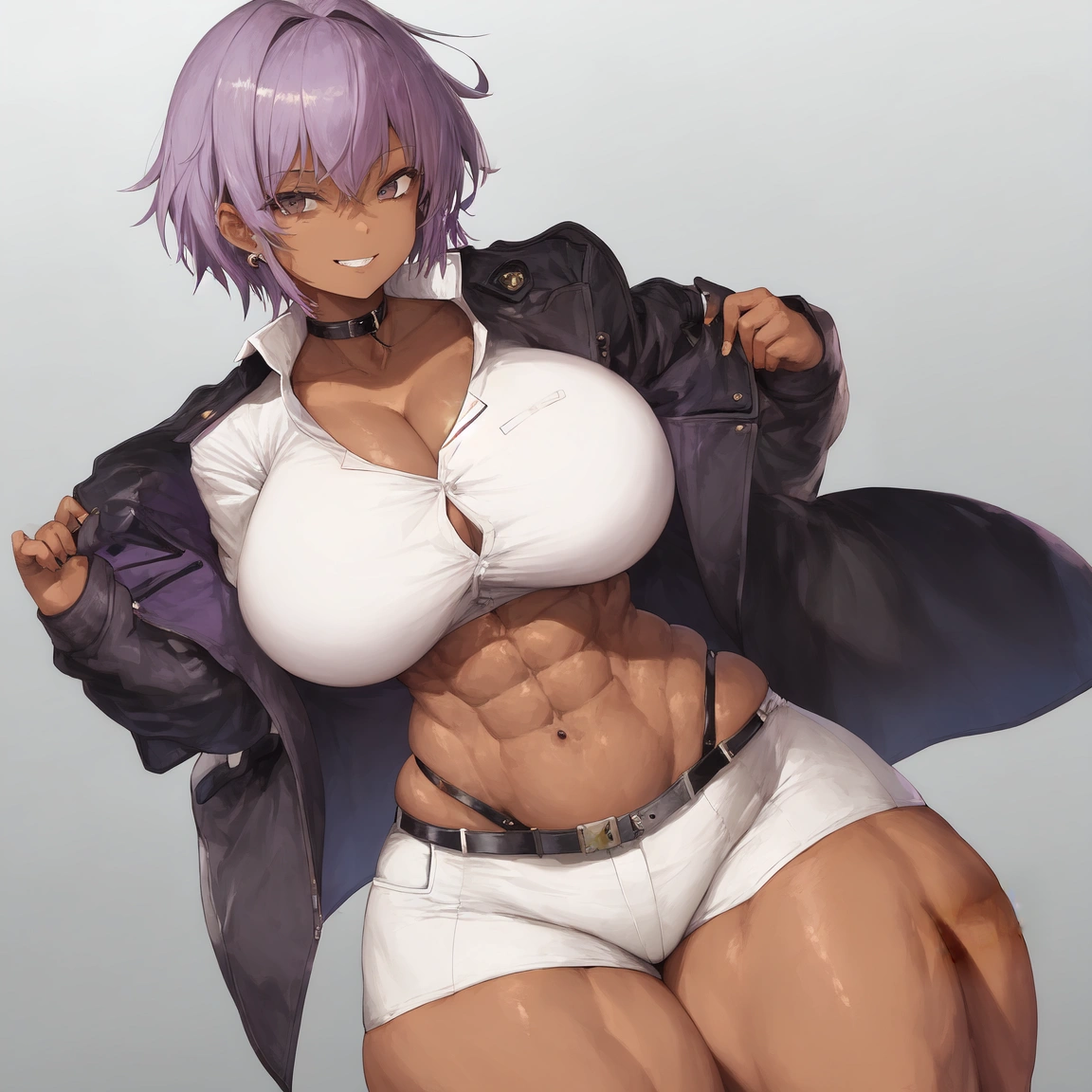 Anime girl with purple hair and a white shirt posing for a photo, thick, Hajime Yatate, Amazing Anime 8K, Enchanting anime girl, Muscular!!, Detailed Anime Character Art, 2b ..., 2b, Kschaert Krentz Key Art Feminine, Boob proportions, Biomechanical Boobs, Best Anime 4K Konachan Wallpaper