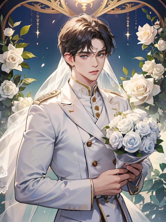 (absurdres, highres, ultra detailed), 1 male, solo, adult, handsome, finely detailed eyes and detailed face, groom, wedding, wearing white officer uniform, white roses, the lovers \tarot\, Symbolism, Visual art, Occult, Universal, Vision casting, Philosophical, Iconography, Numerology, Popularity, Artistic, Alphonse Mucha, short hair, light blue eyes, holding white roses bouquet, bridal outfit, all white clothes