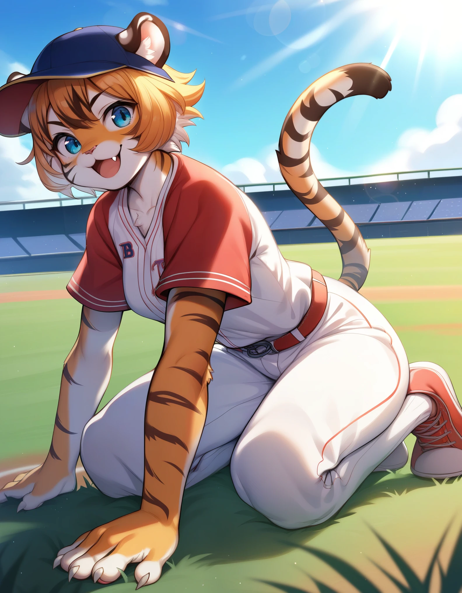 1girl, tiger ears, tiger tail, tiger legs, furry beastman,colors hiarA, hairBangs, cute , , , childish, young, teen, flat chest, small beasts, medium breasts, big breasts, fang, facialS,clothesA, clothesB clothesBottoms, cap, baseball uniform, skindentation, meadow, grass, blue sky, clouds, sceneFULL, daytime, morning light, whitish light, sunlight, bokeh, depth of field, strong light, coming in light, rays light, sparkles, lens flare, score_9, score_8_up, source_furry