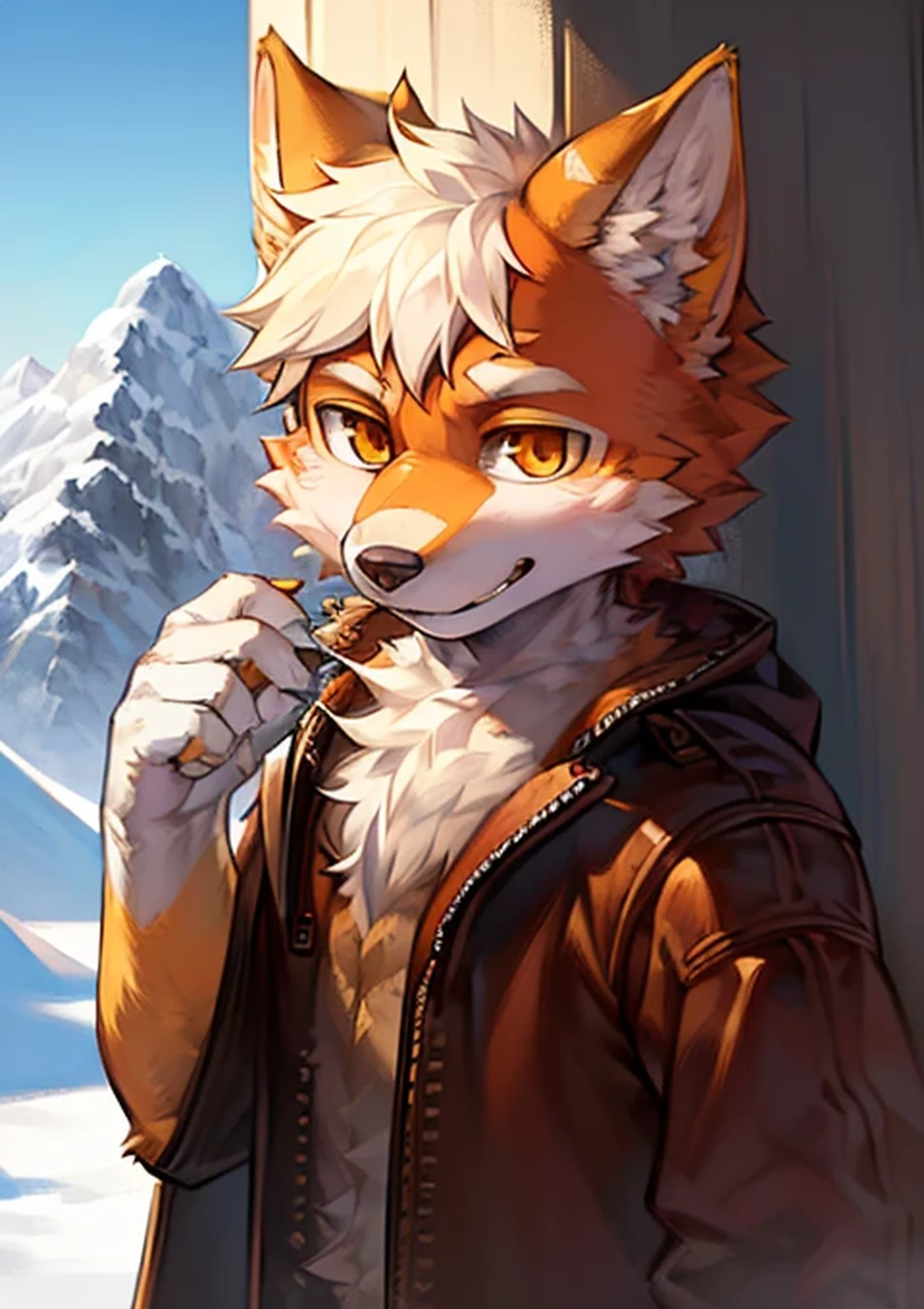 a young male werewolf adventurer, white fur with orange accents, modern adventurer, standing atop a majestic mountain landscape, sunlight, clear sky, snow, looking at viewer, (best quality,4k,8k,highres,masterpiece:1.2),ultra-detailed,(realistic,photorealistic,photo-realistic:1.37),HDR,vivid colors,warm lighting,intricate details,cute,adorable