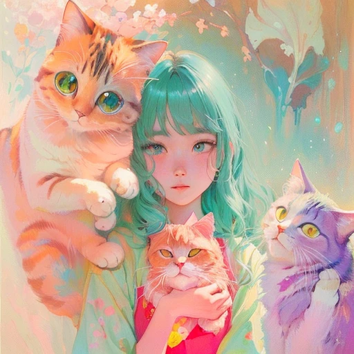 painting of a woman holding a cat and a cat with a cat in her arms, inspired by Hikari Shimoda, dreamy psychedelic anime, dreamy art, soft anime illustration, by Yanagawa Nobusada, blurry and dreamy illustration, pastel style painting, by Rei Kamoi, by Hikari Shimoda, japanese pop surrealism, by Yuko Tatsushima