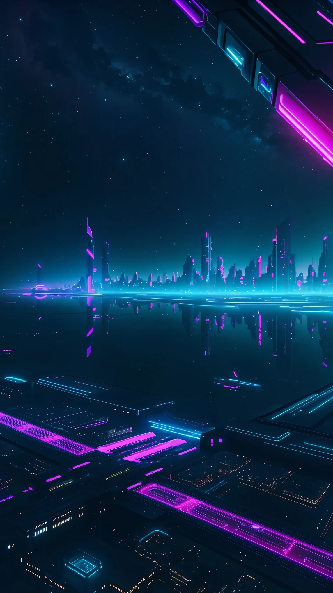 futuristic night city in space, neon lights, modern, 8k details, ultrarealistic, realistic, 8K highest quality,ultra high resolution,Super detailed,8K,photorealistic,best aesthetic,beautiful