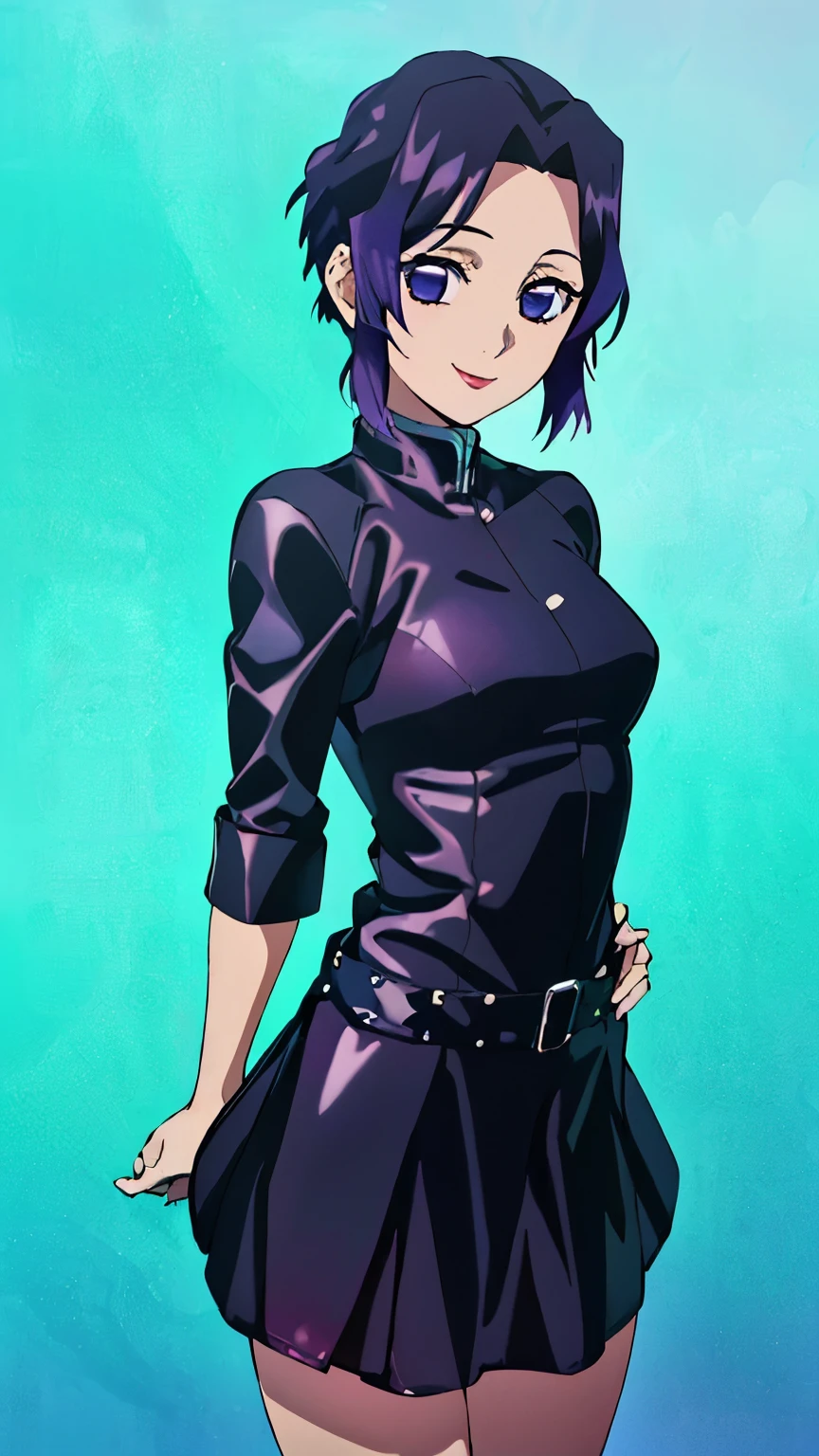 (Top Quality, 8K, High Resolution, Masterpiece: 1.2), Anime, Shinobu Kocho, 1 Girl,solo, Perfect Face, Perfect Eyes, Soft Expression, Medium Breasts, Purple Hair, Short Hair, Pretty Parted bangs, purple eyes, narrow eyes, ((black leather dress, smile, cowboy shot)), viewer appreciation,