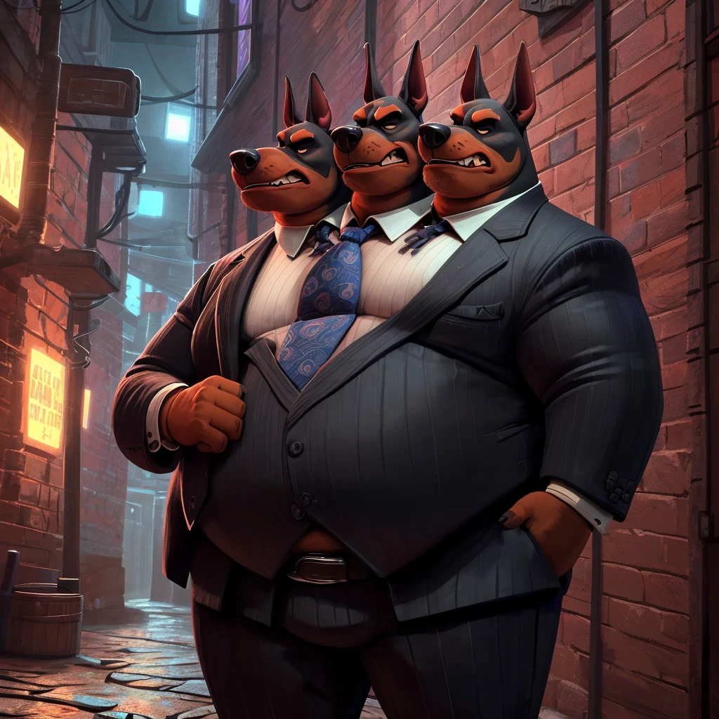 solo, doberman pinscher, three identical heads on one body, black and brown fur, bald, doberman pinscher ears, masculine, necks, (eyes), adult, male, 50 years old, (stylized 3d, by disney, by rembrandt), by pixar:1.1, by dramamine, ugly, (obese), dark alley background, (fully clothed, suit, ties, pants, belt), correct hands, correct anatomy, (ultradetailed, best quality, detailed masterpiece, highly detailed masterpiece, 4k, professional cartoon:1.7), (natural pose), (detailed expressions, intimidating, annoyed, clenching teeth)