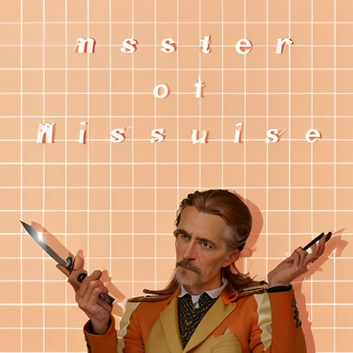 there is a man holding a knife in his hand, in style of marcel duchamp, inspired by Marcel Duchamp, portrait of ((mischievous)), inspired by Roy De Maistre, paul outerbridge masterpiece, wes anderson background, still from a wes anderson movie, inspired by Piero di Cosimo, wes anderson movie, steve buscemi, inspired by Antonio Donghi