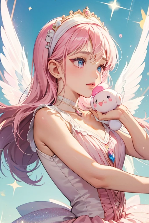 Primatchi looks like an angel and a ballerina. She has a tan face, pink cheeks, eyelashes, and a pink beak. She wears white ballet clothes, a white headband, and has white wings. Like other Tamagotchis featured on the Uratama and V4.5, she has the Ura blue outline. SPARKLE; GLITTER