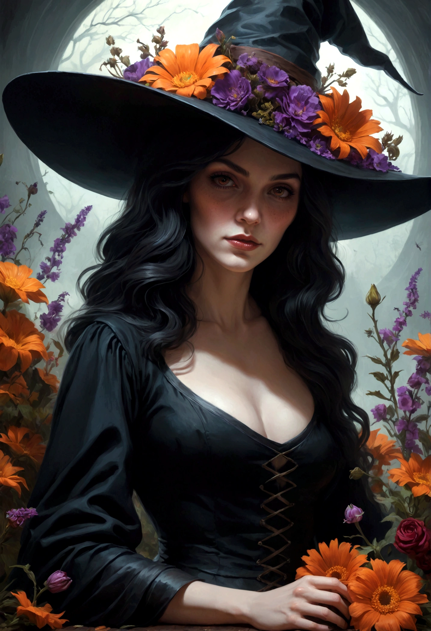 A painting of a witch in a hat with flowers, Detailed 4K horror illustration,Realista